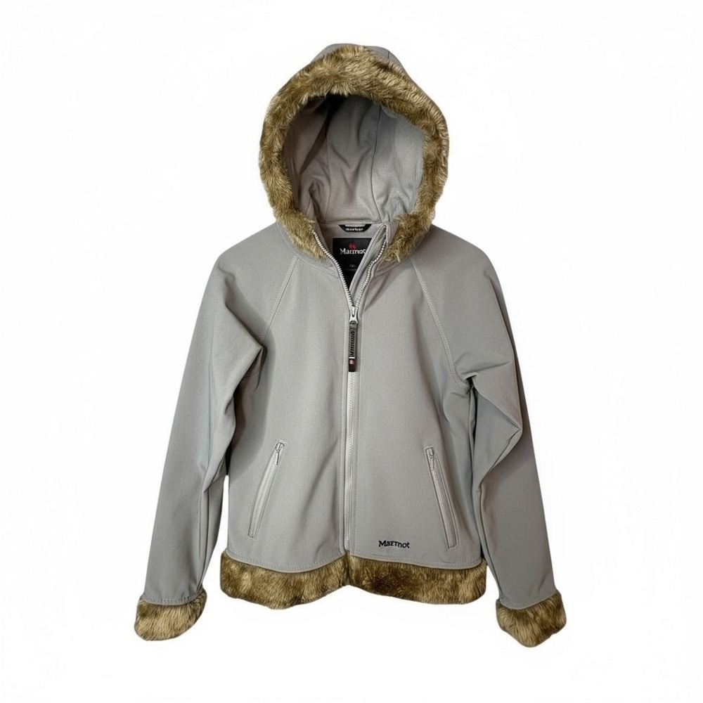 Marmot Furlong Softshell Hooded Jacket Women Medium Gray Faux Fur Hood Cuffs Hem